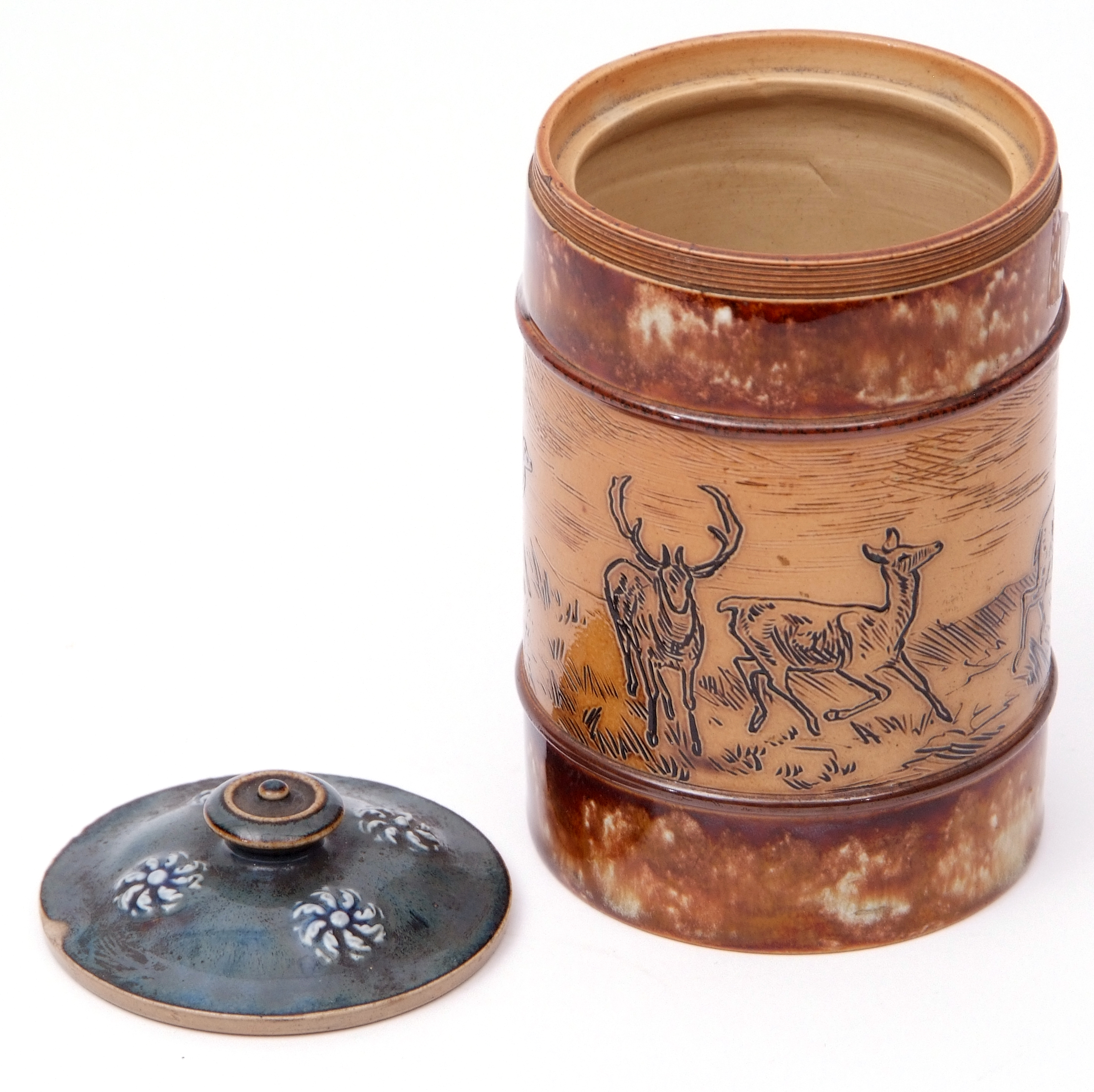 Doulton Lambeth tobacco jar and a cover, the jar with an incised design of deer on buff ground, by - Image 5 of 6