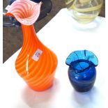 Orange glass art glass vase, Swedish manufacture, with sticker for Ekenas