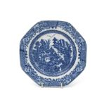 Late 18th century English porcelain plate of octagonal form, probably Caughley, with a printed