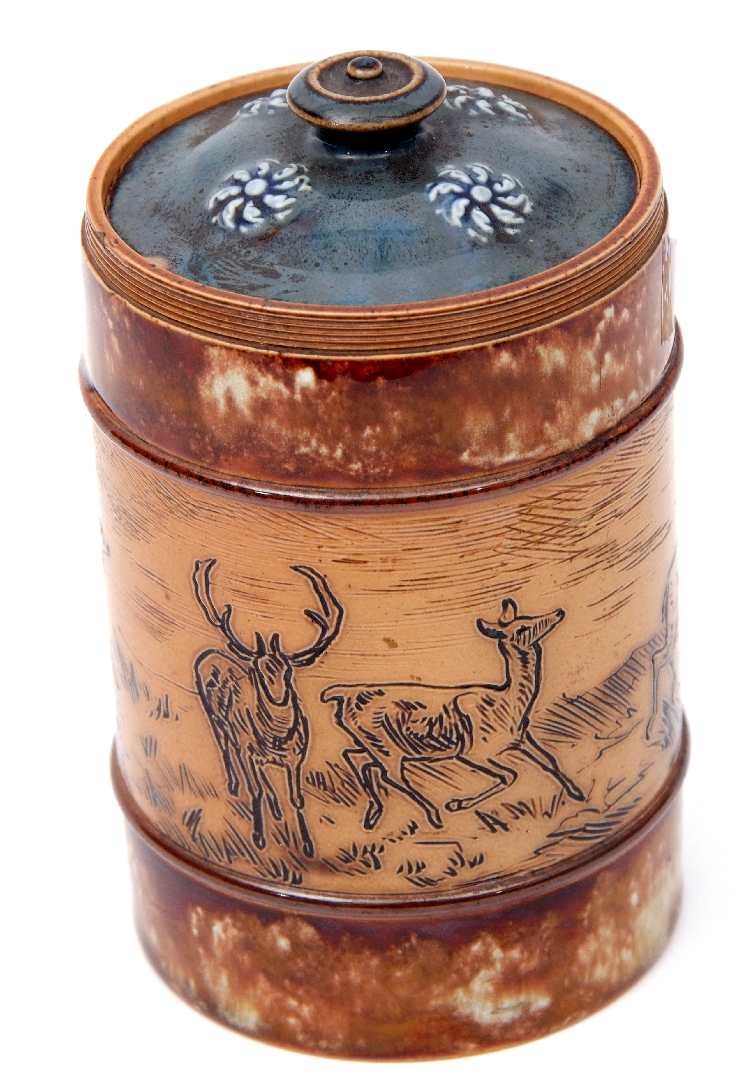 Doulton Lambeth tobacco jar and a cover, the jar with an incised design of deer on buff ground, by - Image 4 of 6