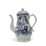 18th century Lowestoft porcelain coffee pot and cover painted in underglaze blue with a