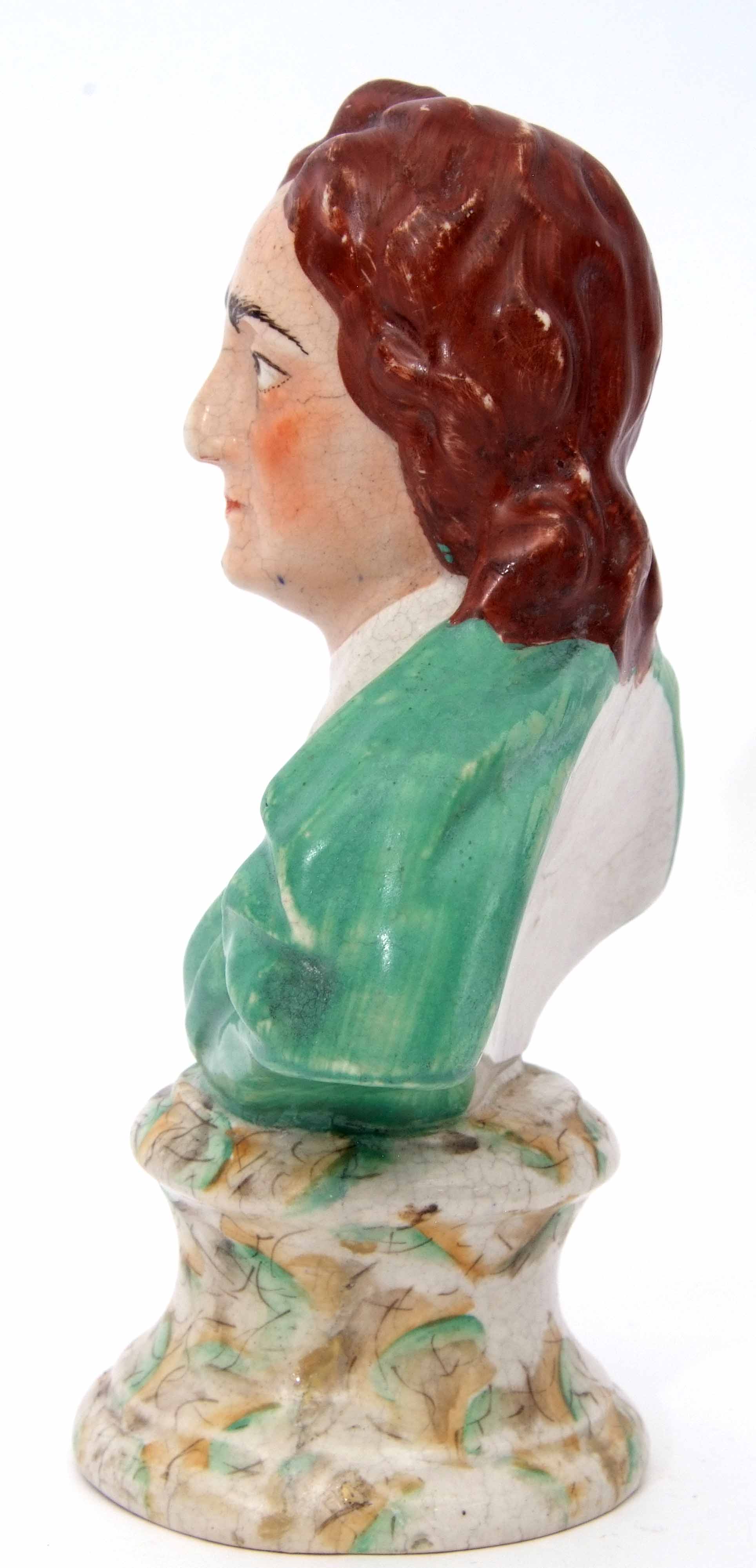 Staffordshire bust, probably of Voltaire, on marble effect plinth, 19cm high - Image 5 of 6