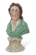 Staffordshire bust, probably of Voltaire, on marble effect plinth, 19cm high