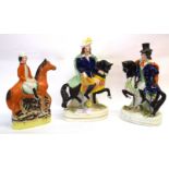 Group of Staffordshire figures on horseback, including 'Dick Turpin' and 2 others, (3), Largest 22cm
