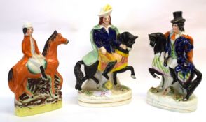 Group of Staffordshire figures on horseback, including 'Dick Turpin' and 2 others, (3), Largest 22cm