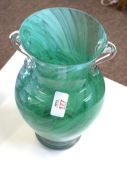 Art glass vase made in Finland, with a pale swirl design with two handles