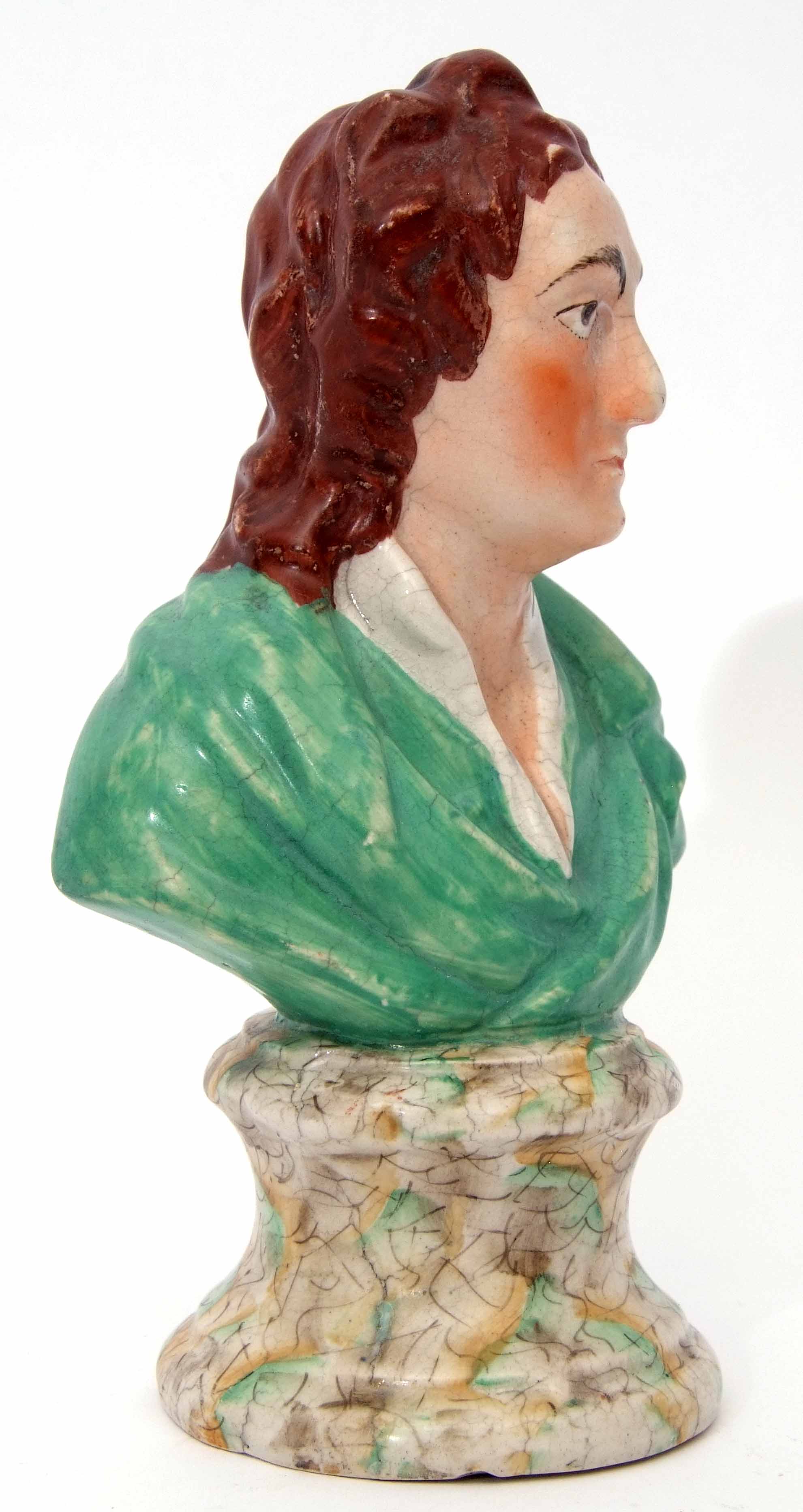 Staffordshire bust, probably of Voltaire, on marble effect plinth, 19cm high - Image 2 of 6