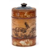 Doulton Lambeth tobacco jar and a cover, the jar with an incised design of deer on buff ground, by