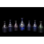 Group of Bristol Blue decanters, various titles including Hollands, Rum and Brandy and further green