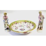 Noritake bowl with a floral design in gilded panels and 2 continental porcelain figures of a lady