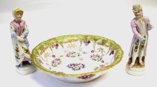 Noritake bowl with a floral design in gilded panels and 2 continental porcelain figures of a lady