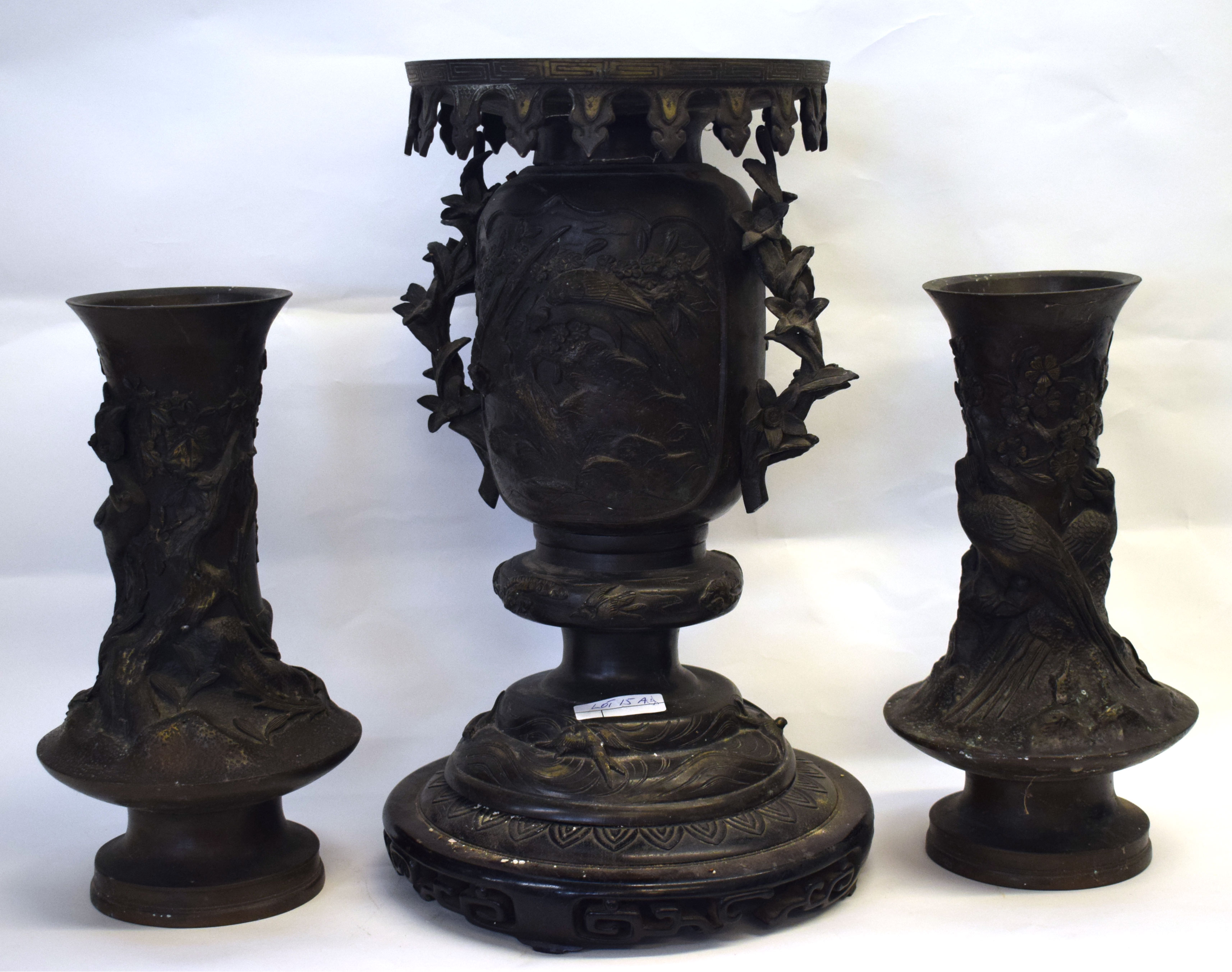 Group of 3 Oriental bronze vases, probably Japanese, 2 with birds around the neck with floral