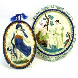 Pearlware or Prattware plaque of Diana the Huntress, together with a further plaque of pastoral