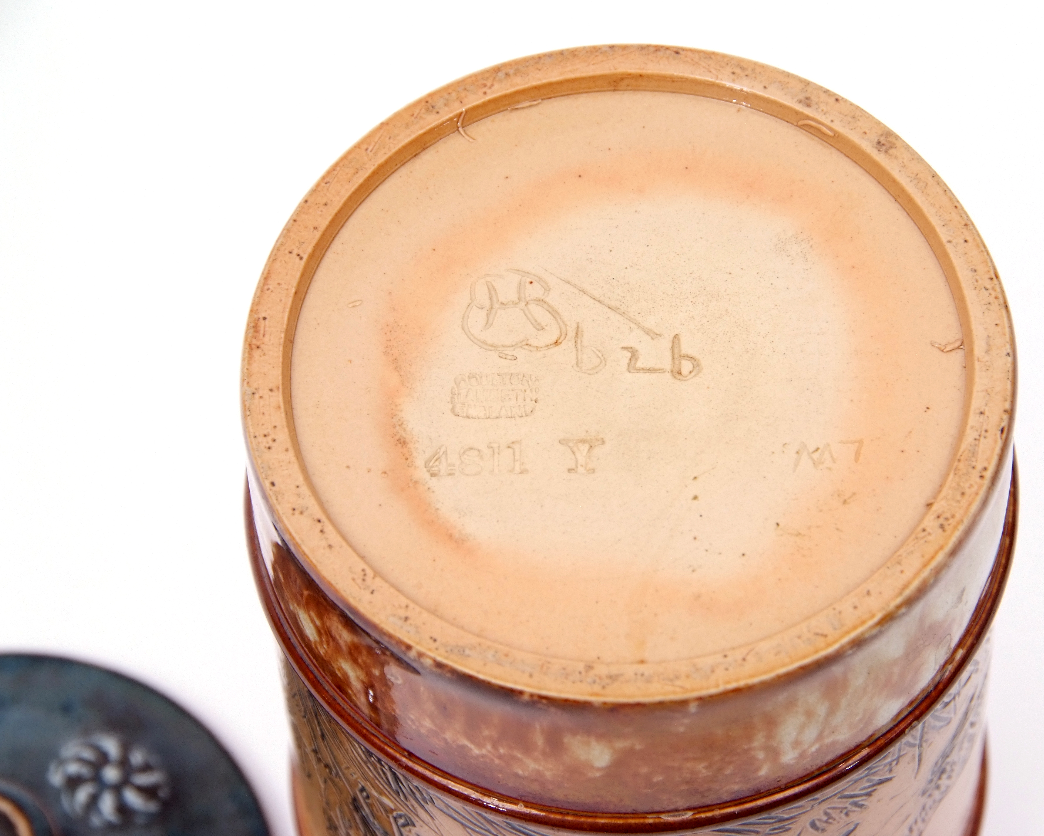 Doulton Lambeth tobacco jar and a cover, the jar with an incised design of deer on buff ground, by - Image 6 of 6