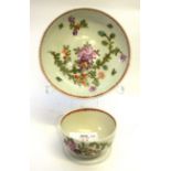 Lowestoft porcelain tea bowl and saucer decorated in polychrome with the Thomas Rose pattern