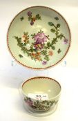 Lowestoft porcelain tea bowl and saucer decorated in polychrome with the Thomas Rose pattern