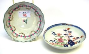 Two Lowestoft porcelain saucers, one of fluted shape, decorated within pink and green enamels, the