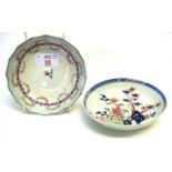 Two Lowestoft porcelain saucers, one of fluted shape, decorated within pink and green enamels, the