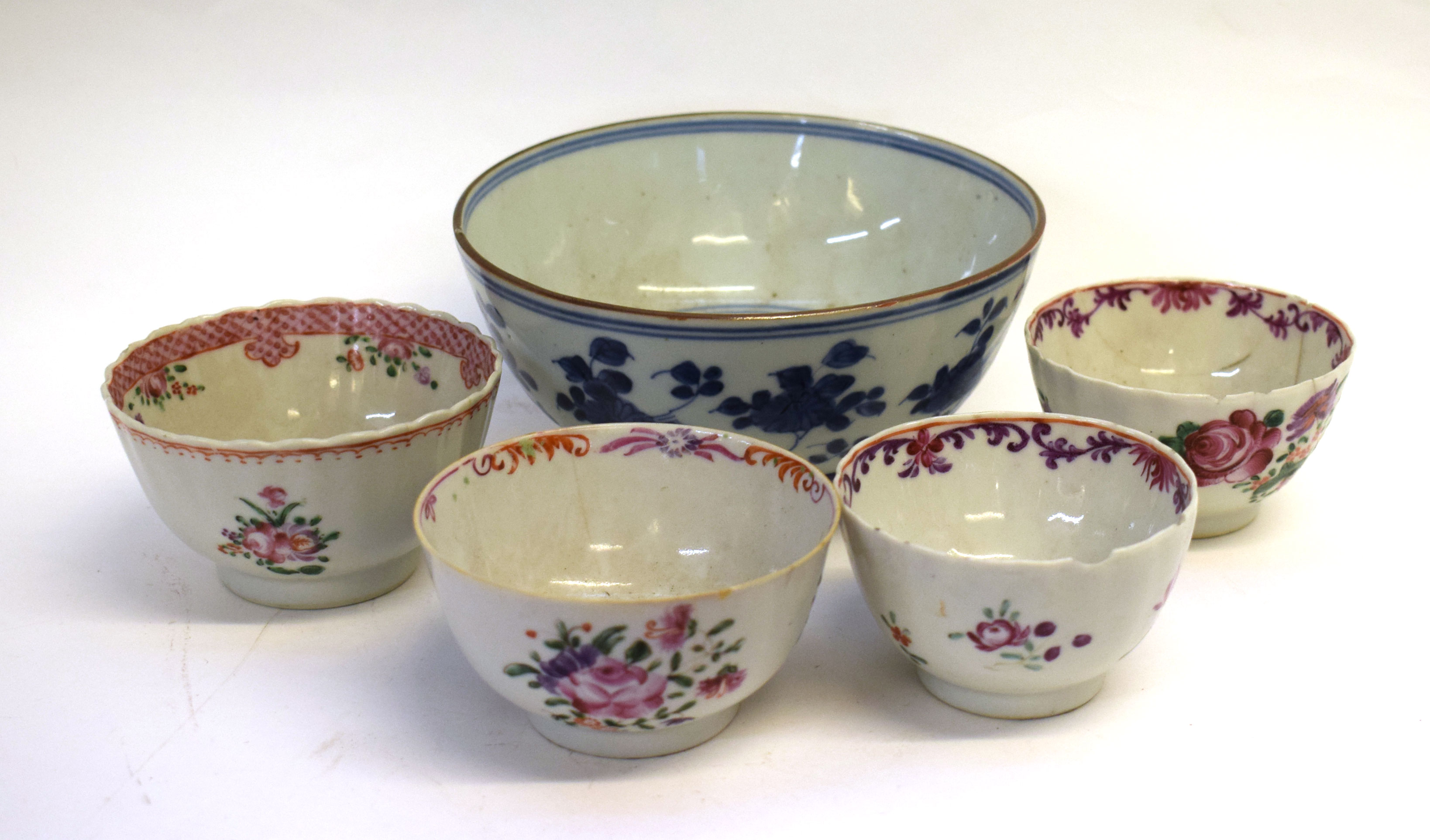 Group of 18th century Chinese porcelain bowls including a blue and white example with Kangxi