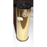 Brass 18-pounder shell case decorated with the emblem of the East Lancashire Regiment, 30cm high