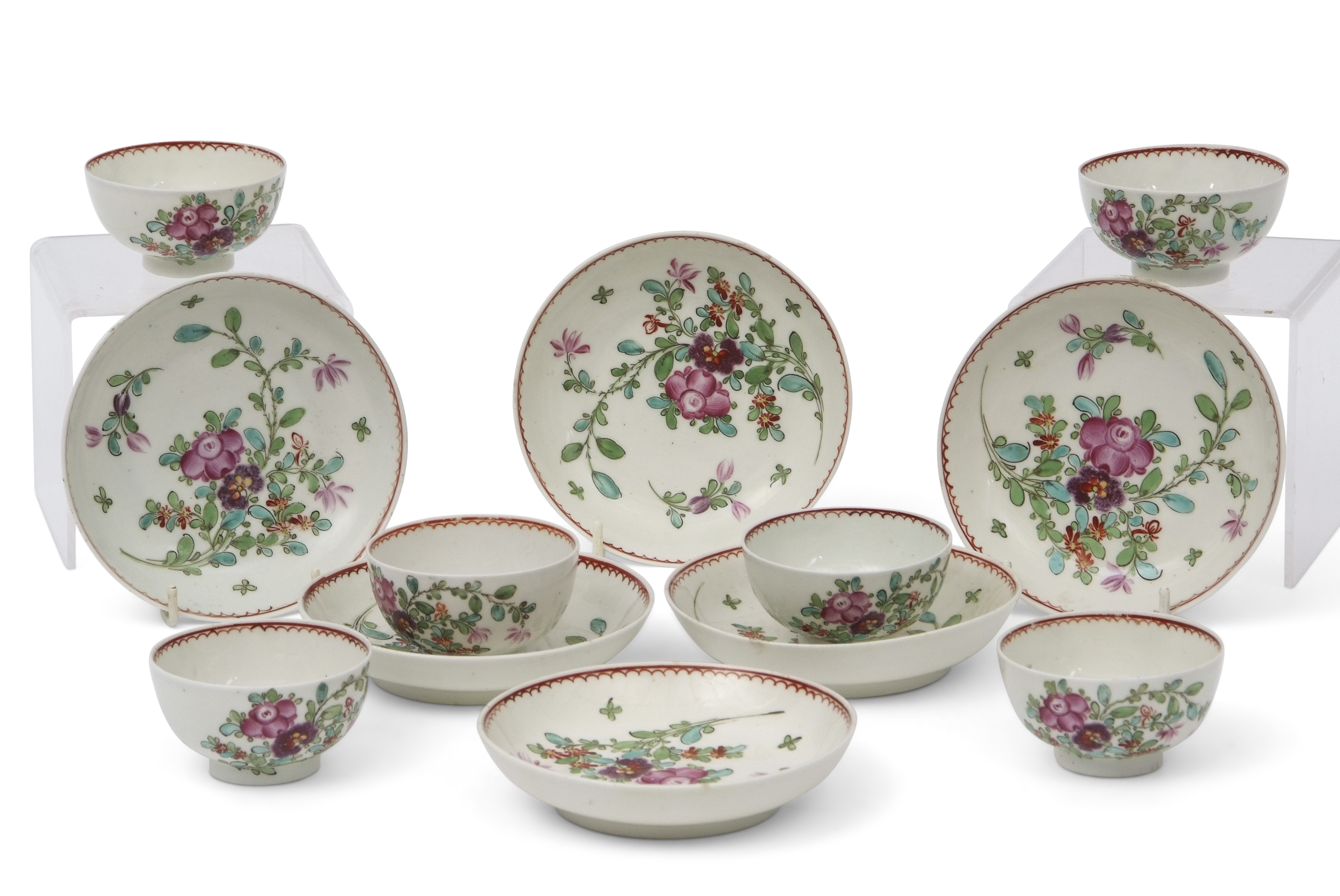 Group of 18th century Lowestoft porcelain tea bowls and saucers, set of six, all with polychrome