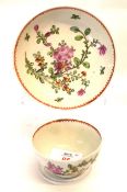 Lowestoft porcelain tea bowl and saucer decorated in polychrome with Thomas Rose design