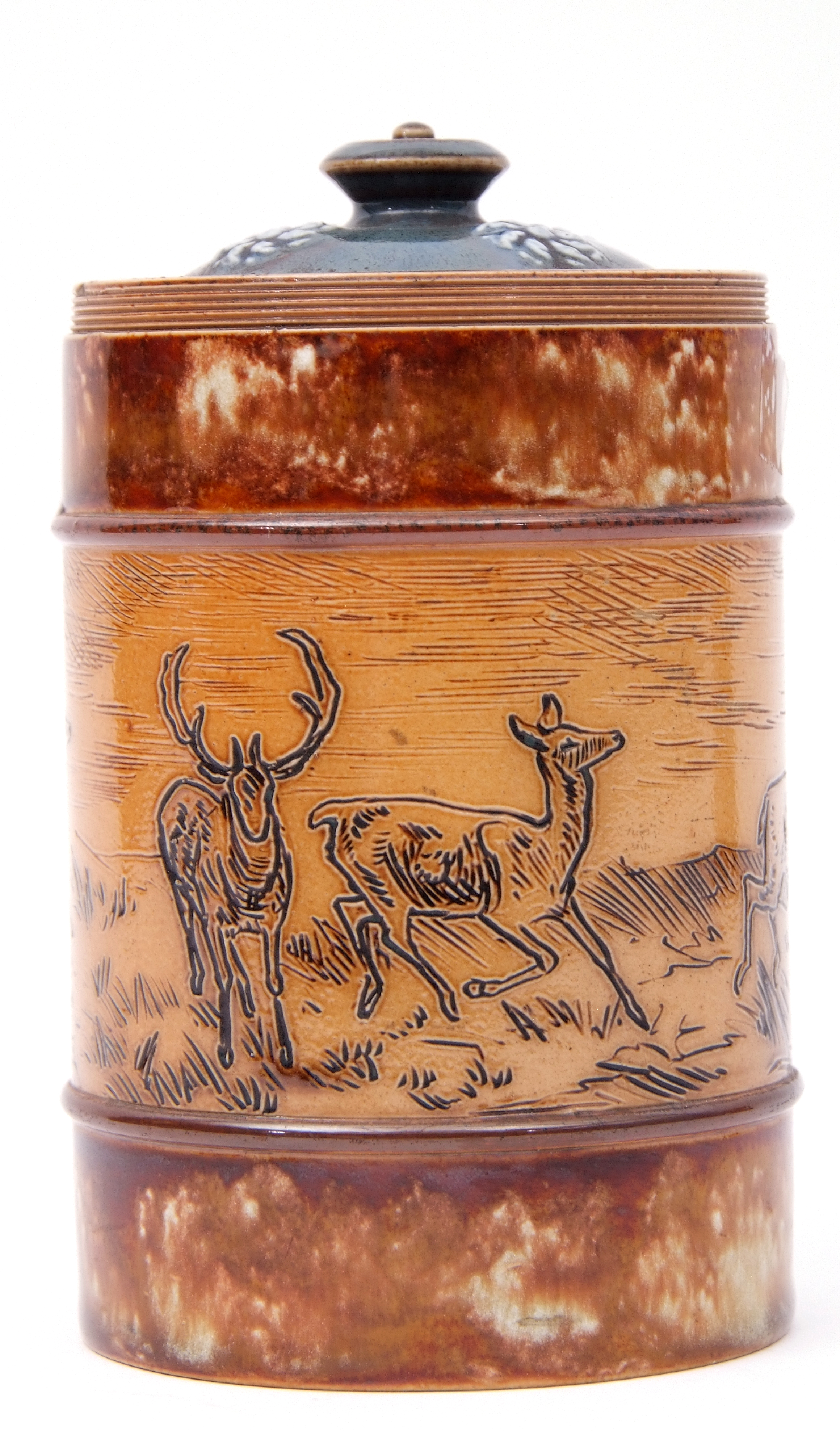 Doulton Lambeth tobacco jar and a cover, the jar with an incised design of deer on buff ground, by - Image 3 of 6