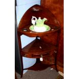 George III period mahogany corner wash stand, fitted upper tier with non-matching china jug and