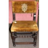 Cromwellian chair (from Reydon Hall, Suffolk), upholstered back decorated with the arms of the