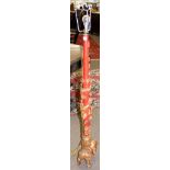 Late 20th century parcel gilded and iron red decorated Oriental standard lamp, the stem carved