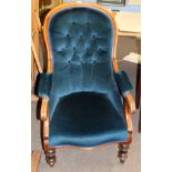 Victorian mahogany blue green button back upholstered gents armchair