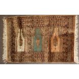 Small 20th century thick woollen prayer rug in beige and blue with three minarets panels to