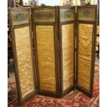 19th century four panel dressing screen, the glazed tops enclosing printed on silk panels with