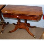 Regency period mahogany card table, fold top with canted front corners and ebonised line inlay