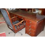 Good quality late 20th century Oriental hardwood twin pedestal desk with plate glass top together