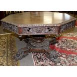 Victorian Gothic oak octagonal pedestal dining table heavily carved throughout with foliage etc,