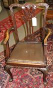 Set of seven mahogany Chippendale style dining chairs all with pierced vase shaped splat backs,