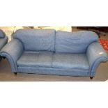 Pair of good quality modern blue upholstered Chesterfield style sofas, 220cm wide