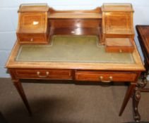 Edwardian mahogany inlaid and boxwood strung bonheur du jour, the back fitted with two drawers