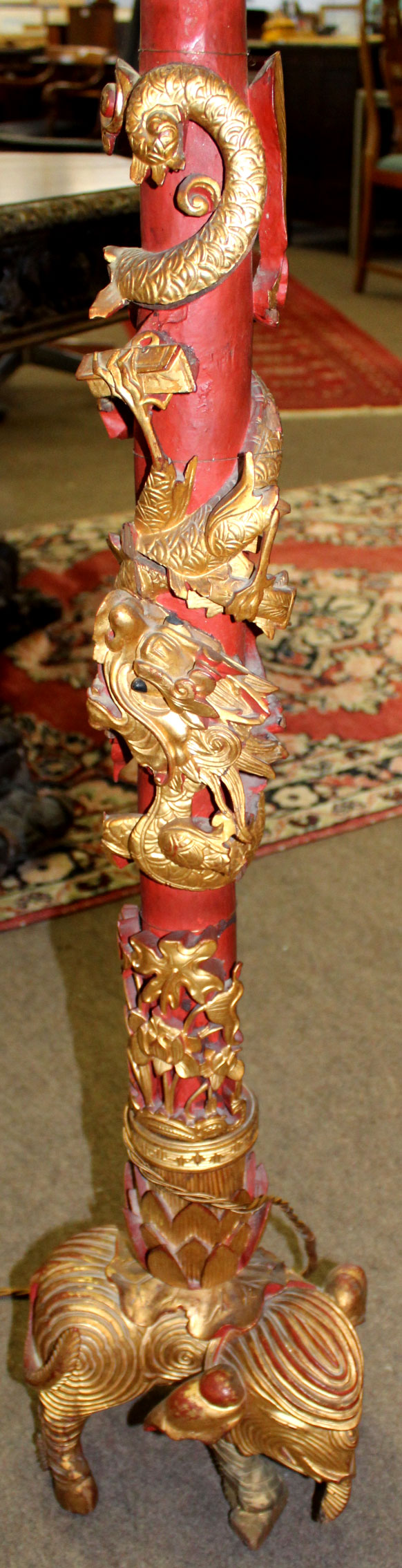 Late 20th century parcel gilded and iron red decorated Oriental standard lamp, the stem carved - Image 2 of 2