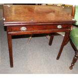 George III period mahogany fold-top tea table with full width frieze drawer on chamfered supports,