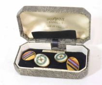 Pair of hard gold plated RAF Regiment cuff links in case, one side with enamelled emblem, with RAF