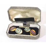 Pair of hard gold plated RAF Regiment cuff links in case, one side with enamelled emblem, with RAF