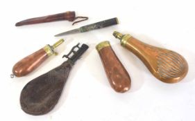 Quantity of four late 19th century copper and leather shot flasks, together with small knife in