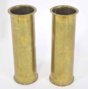 Pair of WWI trench art shell cases made into vases with floral decoration