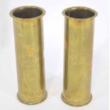 Pair of WWI trench art shell cases made into vases with floral decoration