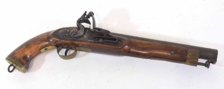 19th century flintlock pistol, possibly East India Co origin, with brass butt and suspension loop,