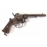 19th century c1880 Liege pin fire revolver, 6-shot double action calibre 12mm pistol with Liege
