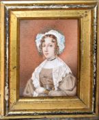 English School (19th Century), Portrait of a Woman wearing Lace Bonnet, portrait miniature, 12 x