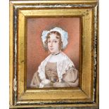 English School (19th Century), Portrait of a Woman wearing Lace Bonnet, portrait miniature, 12 x